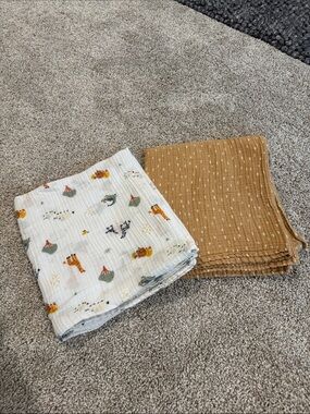 cloud island Muslin Swaddle Set in White Animal Print and Mustard Brown